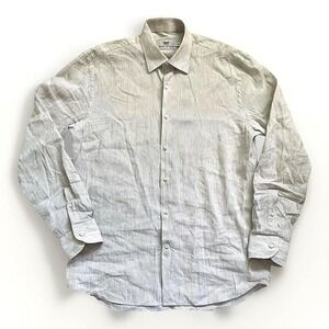 Vtg Hickey Freeman Linen Cotton Dress Shirt Men M 16 Beige Oatmeal Tan Striped